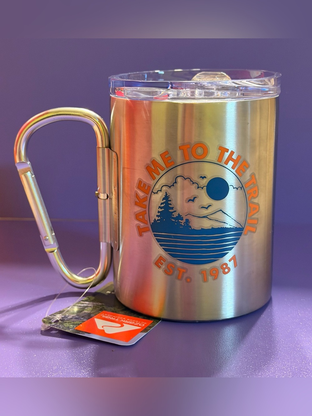 Ozark Trail Stainless Steel Carabiner Mug with Blue and Orange Trail Graphic